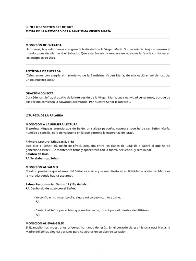 Misa de la Natividad de María 2025 | PDF | María, madre de Jesús ...