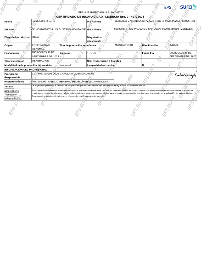 Certificado de Incapacidad EPS SURA | PDF