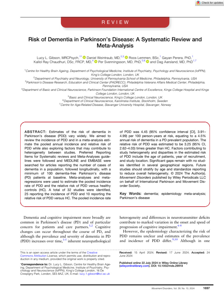 Movement Disorders - 2024 - Gibson - Risk of Dementia in Parkinson S ...