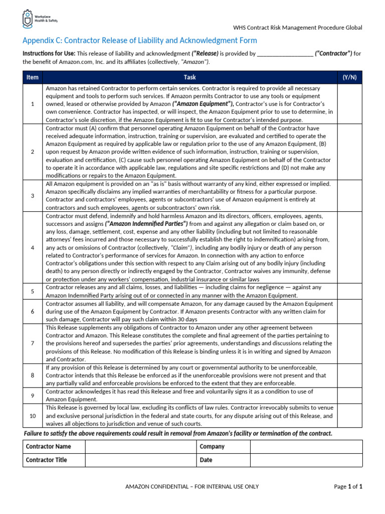 Appendix C - Contractor Release of Liability and Acknowledgement Form ...