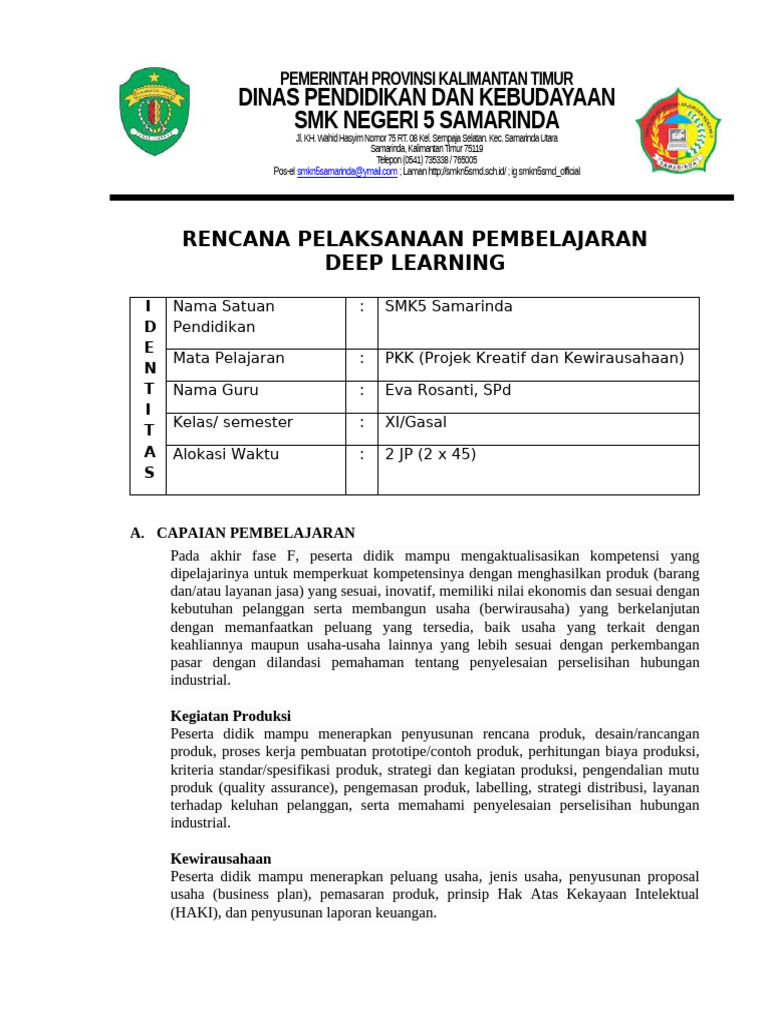 RPP Deep Learning PKK Kelas XI SMK | PDF
