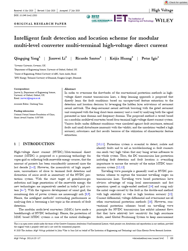 High Voltage - 2020 - Yang - Intelligent Fault Detection and Location ...