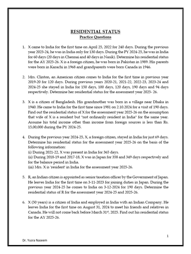 Residential Status Practice Questions | PDF | Taxes