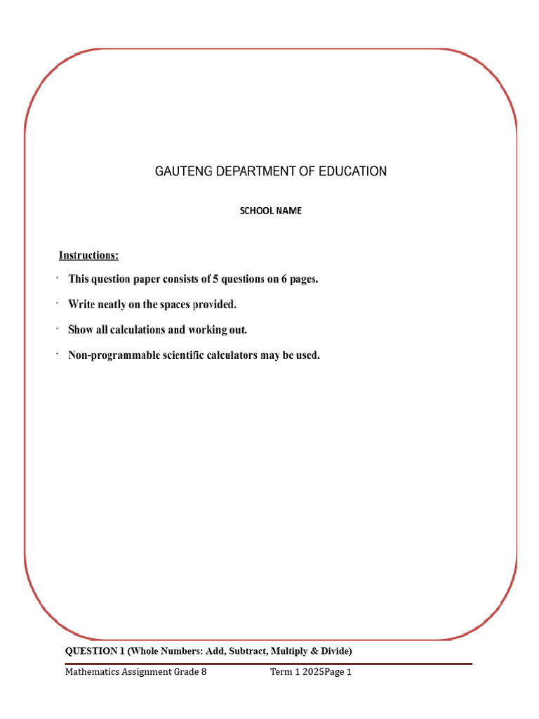 Grade 8 Math Assignment - Term 1 2025 | PDF | Arithmetic | Number Theory
