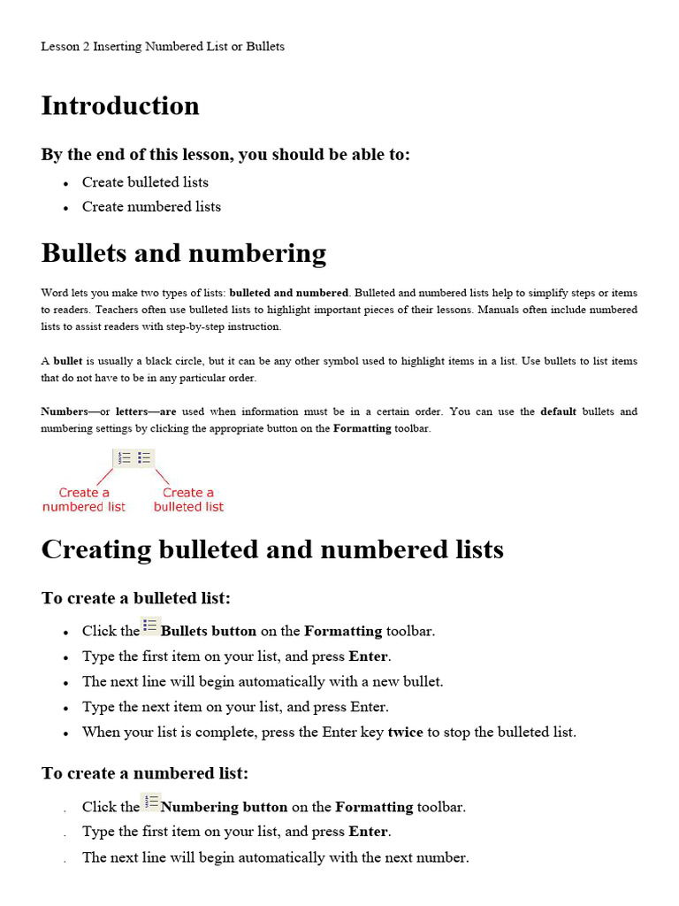 Lesson 2 Inserting Numbered List or Bullets | PDF | Text | Software
