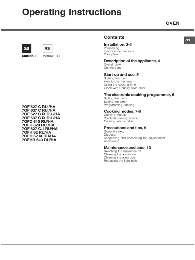 HOTPOINT/ARISTON 7OF 627C.1 (AN) RU/HA Operating Instructions | PDF ...