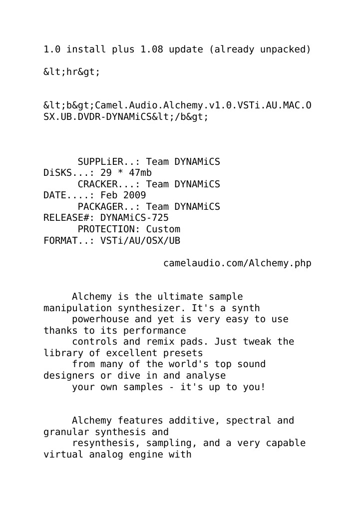 Camel Audio Alchemy v1 08 Download Free PDF Synthesizer Mac Os