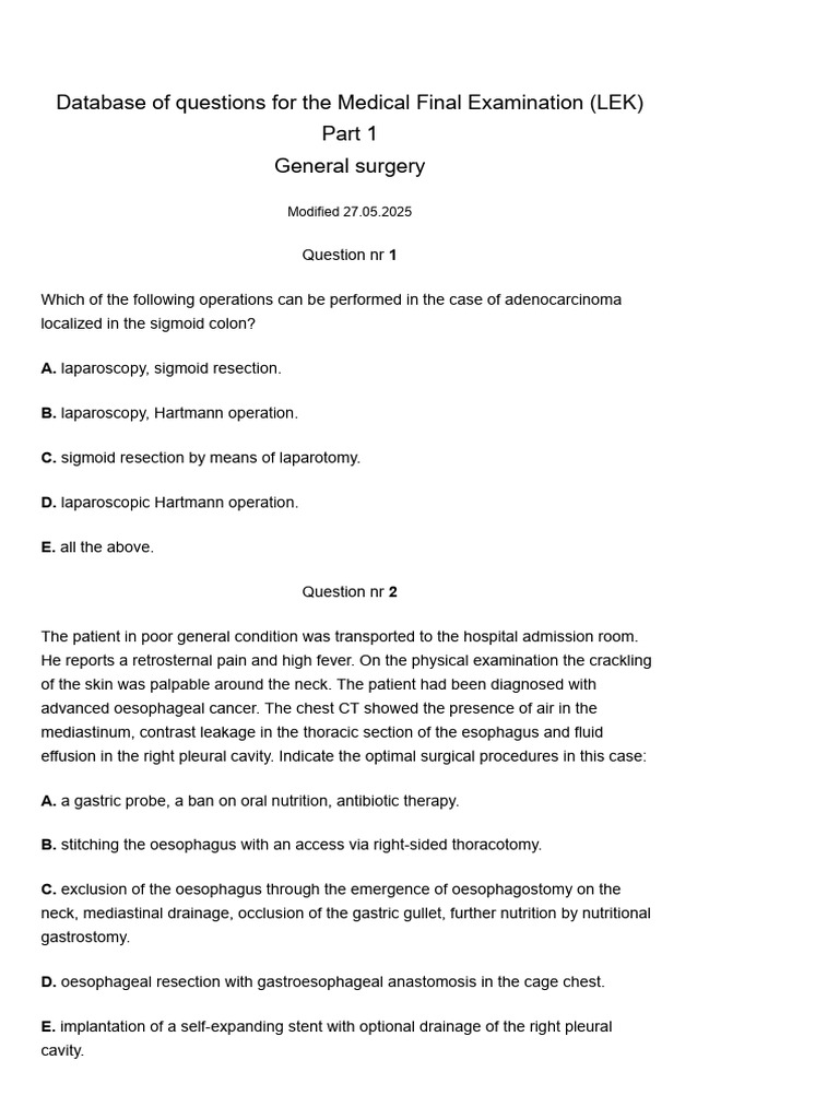 Medical Final Exam Questions: General Surgery | PDF | Esophagus ...