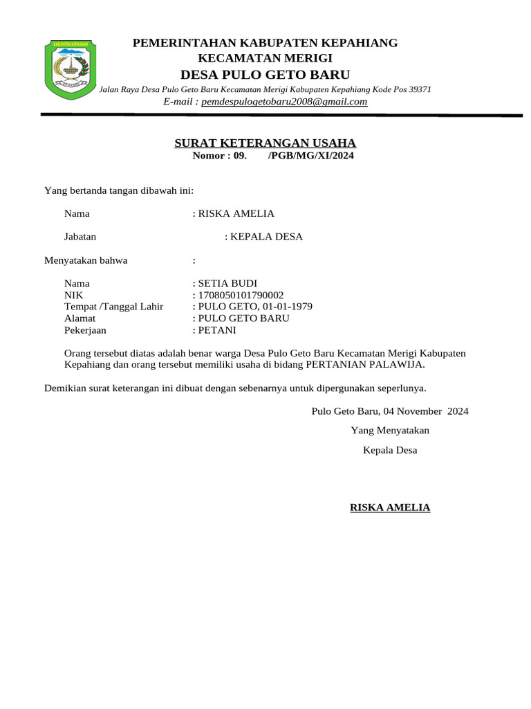 Surat Keterangan Usaha dan Meninggal Desa Pulo Geto Baru | PDF