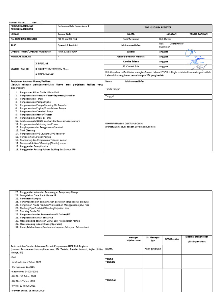 HSSE Risk Register Ramba Field | PDF