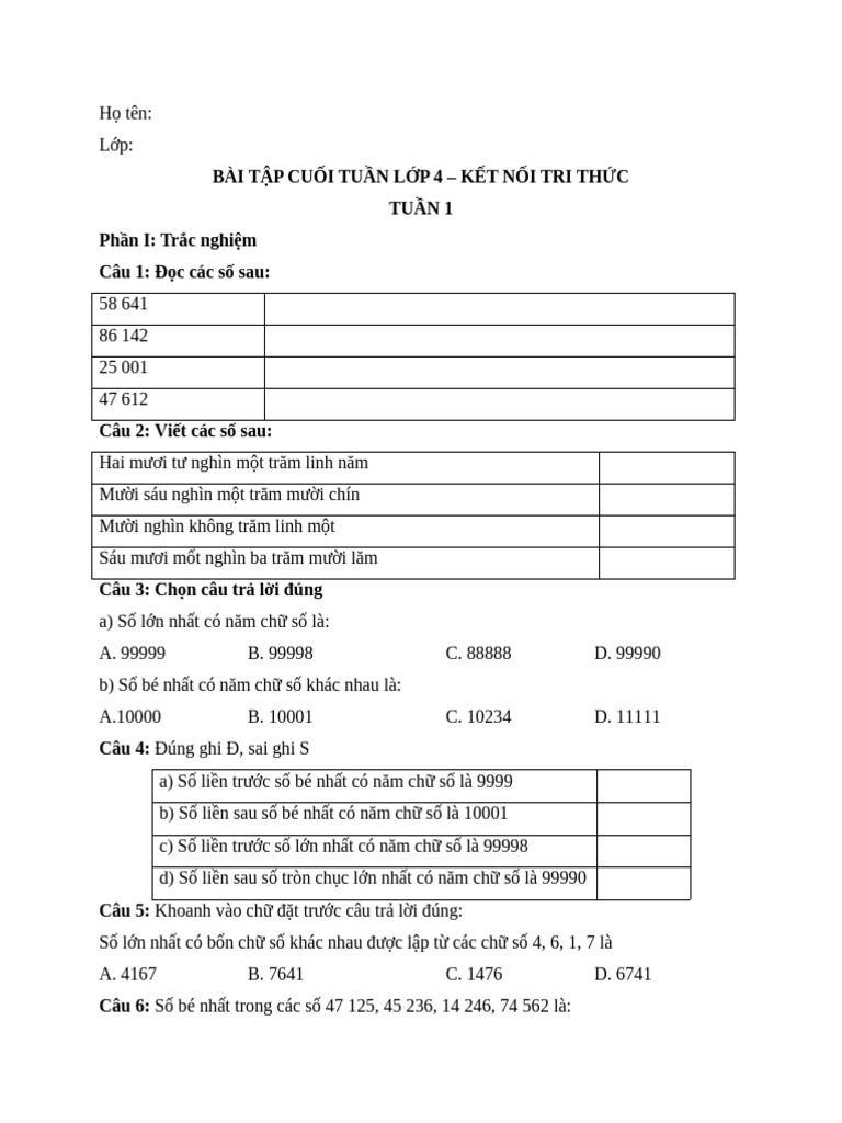 Phieu BT Cuoi Tuan Toan Lop 4 KNTT Tuan 1 | PDF