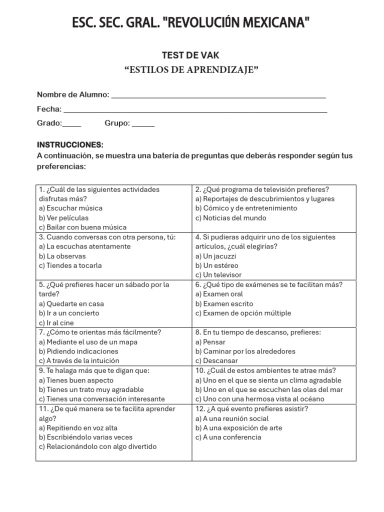 Test de Estilos de Aprendizaje VAK | PDF | Aprendizaje