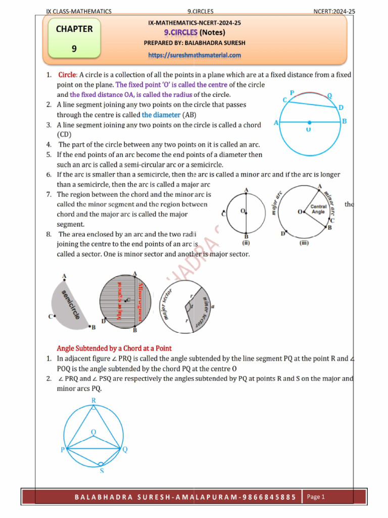 IX NCERT2024 25 Mathematics 9. CIRCLES Notes Wbimg | PDF