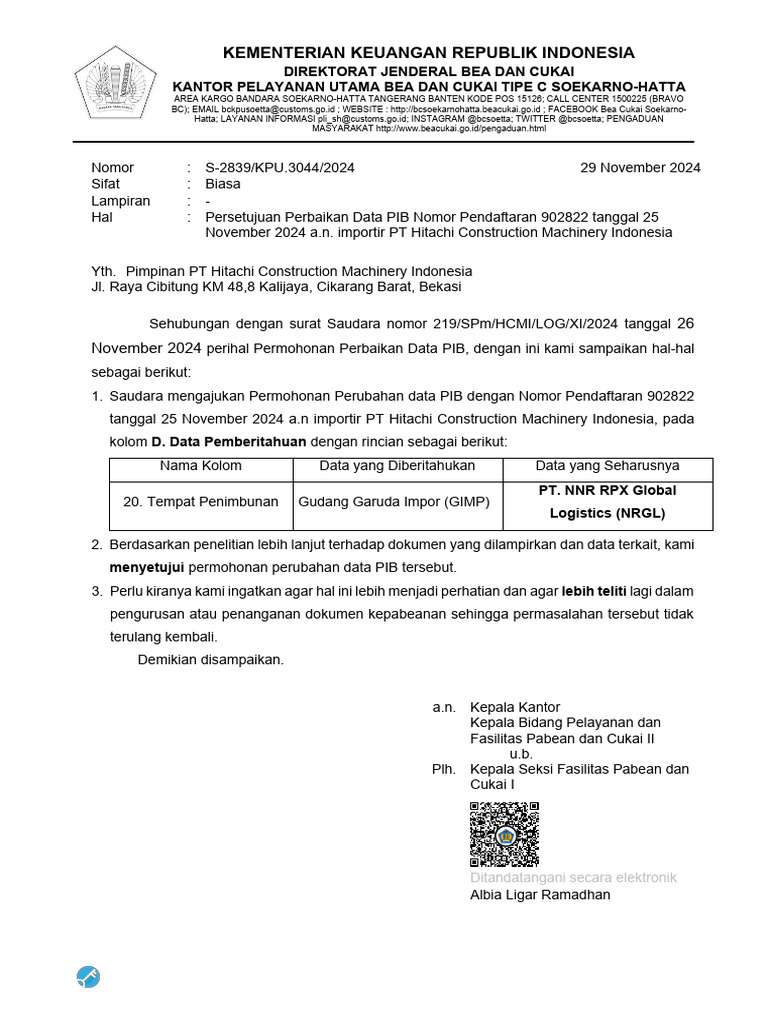 Persetujuan Perbaikan Data PIB Hitachi | PDF