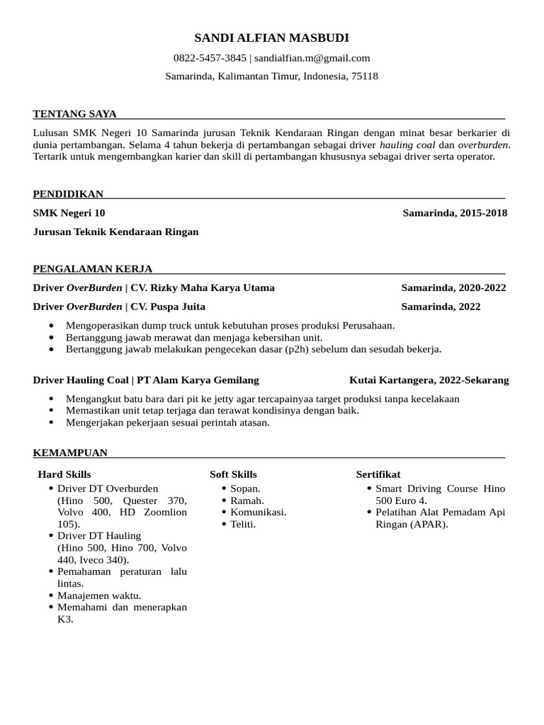 Profil Driver Pertambangan Berpengalaman | PDF