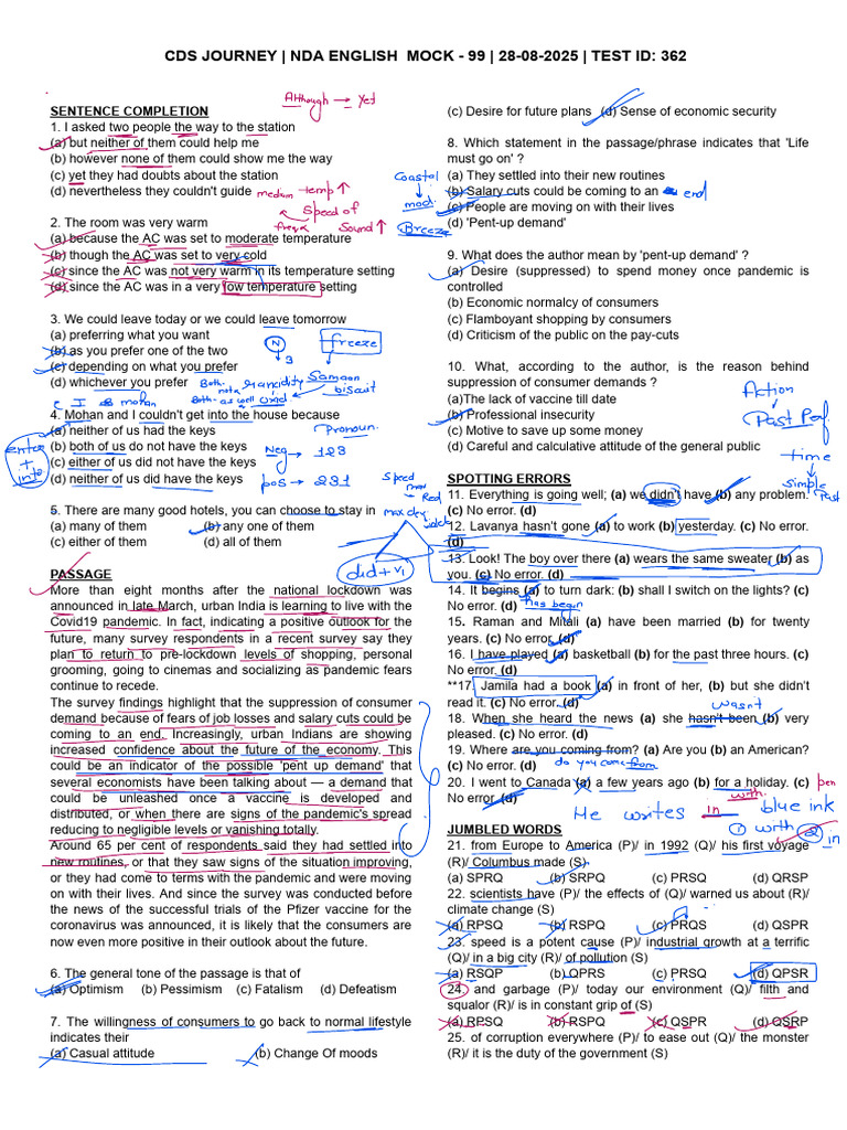 NDA English Mock Test - Sentence Completion | PDF