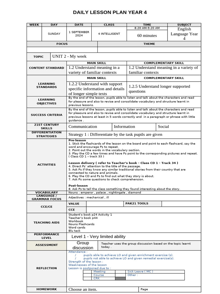 Year 4 English Lesson Plan: My Week | PDF | Vocabulary | Reading ...