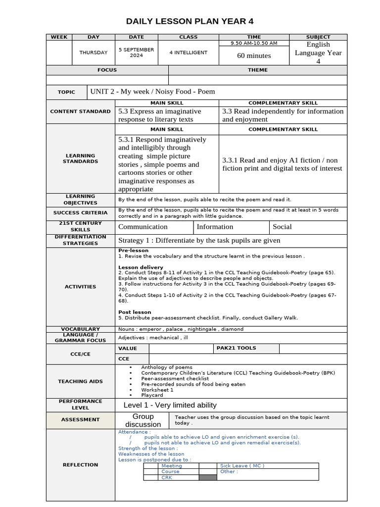 Year 4 English Lesson Plan: Poetry | PDF | Lesson Plan | Vocabulary