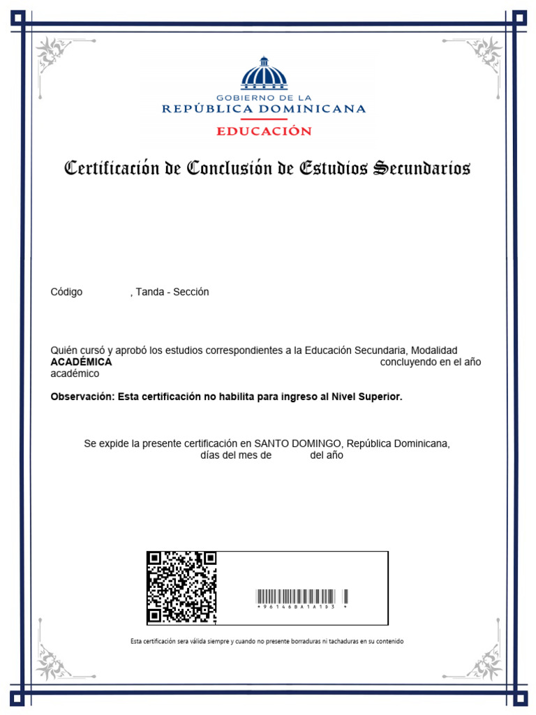 Certificación de Estudios Secundarios RD | PDF