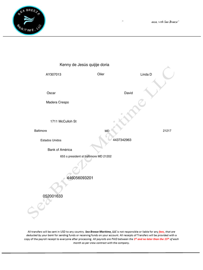 Crew Wire Transfer Information Form | PDF