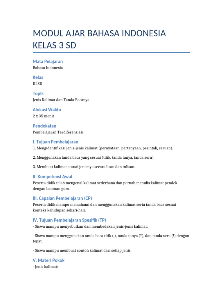 Modul Ajar Bahasa Indonesia Kelas 3 | PDF