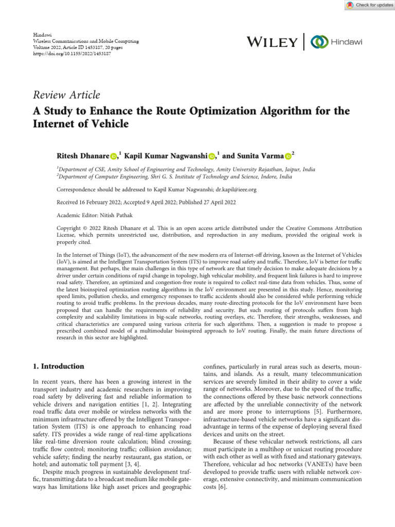 Enhanced Route Optimization in IoV | PDF | Routing | Computer Network
