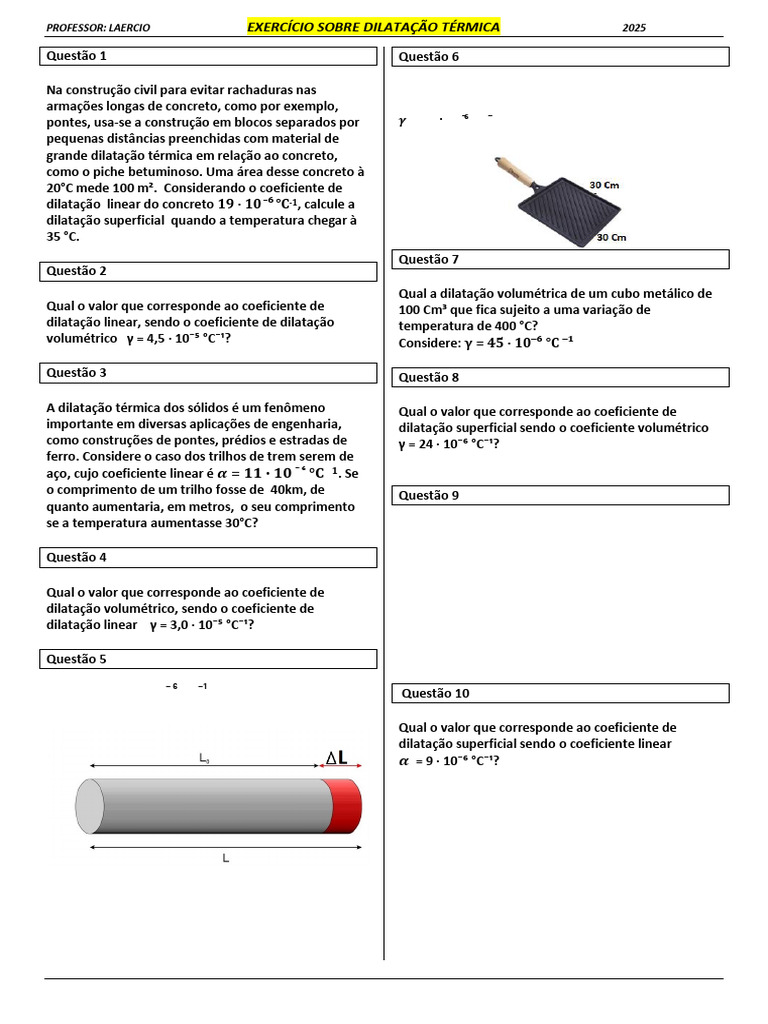 Exercício Sobre Dilatação | PDF | Expansão térmica | Temperatura