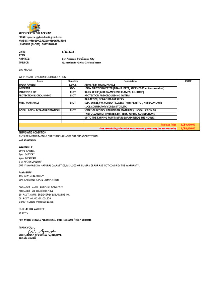 10kW Gridtie Solar System Quotation | PDF