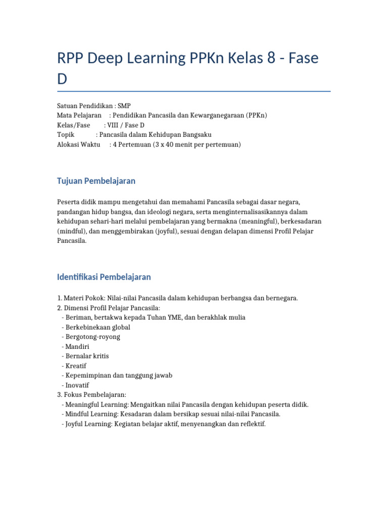 RPP Deep Learning PPKn Kelas 8 Fase D | PDF