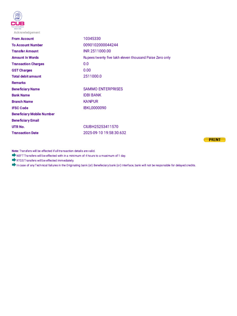 IDBI Bank RTGS Transfer Acknowledgement | PDF