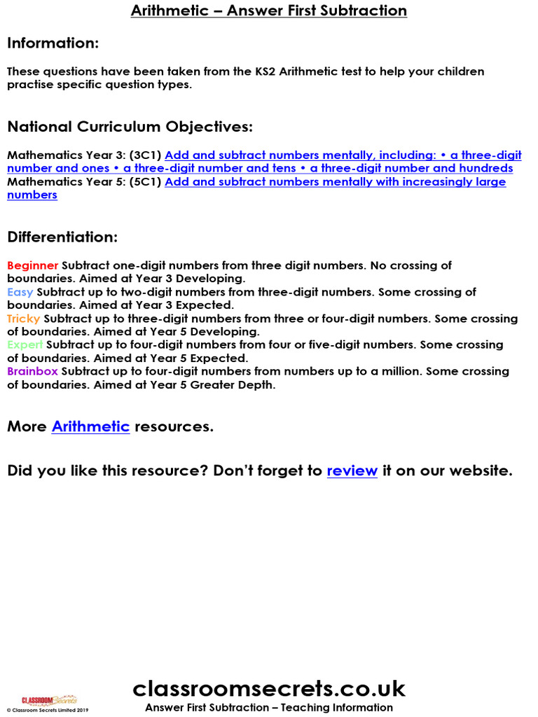 KS2 Subtraction Practice Worksheets | PDF | Arithmetic | Chess Theory