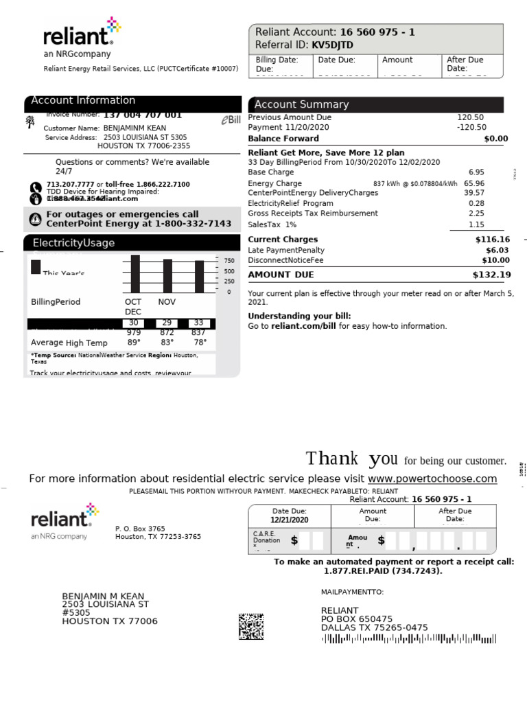 Reliant Energy Invoice Summary | PDF