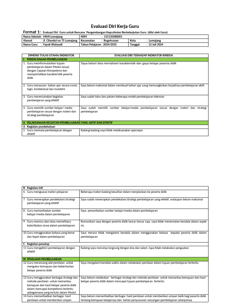 Evaluasi Diri dan Rencana PKB Guru | PDF