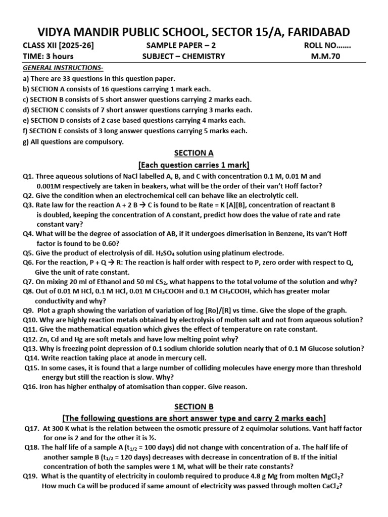 Class XII Chemistry Sample Paper 2025-26 | PDF | Corrosion | Physical ...