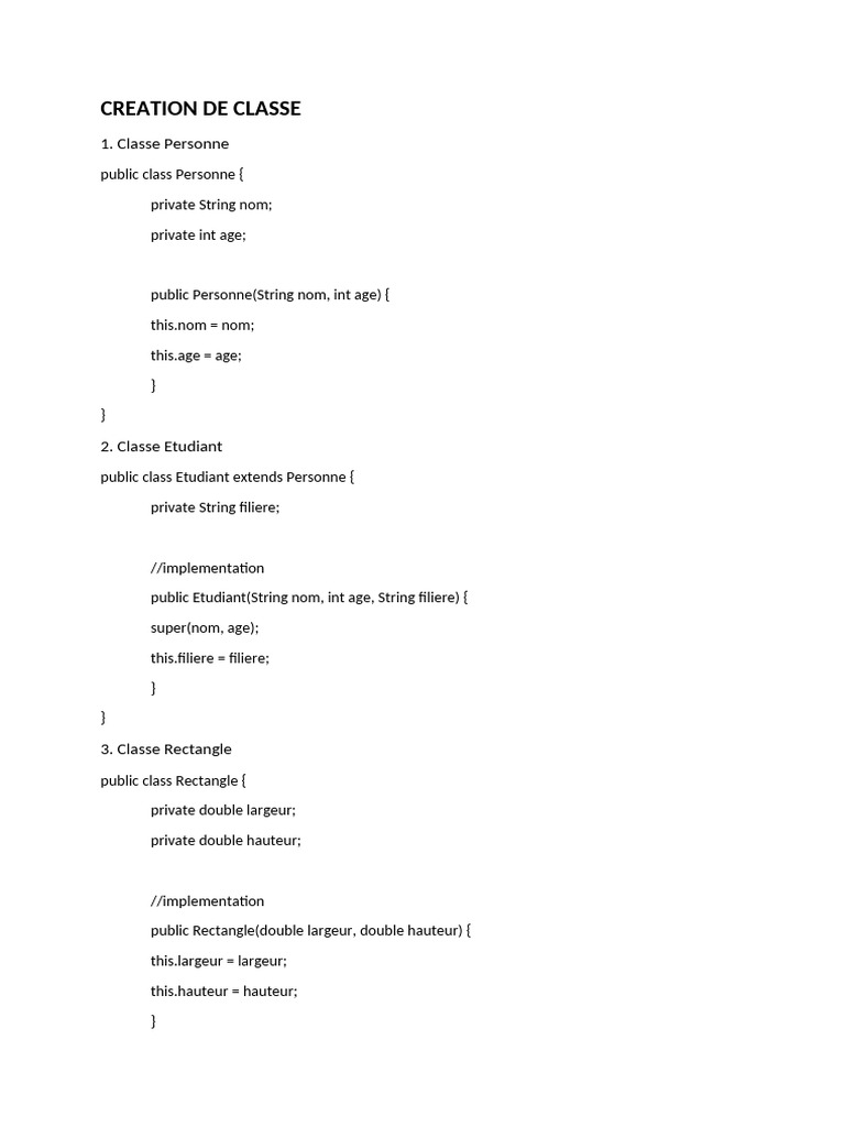 Création de classes en Java : Personne, Étudiant, Rectangle | PDF ...