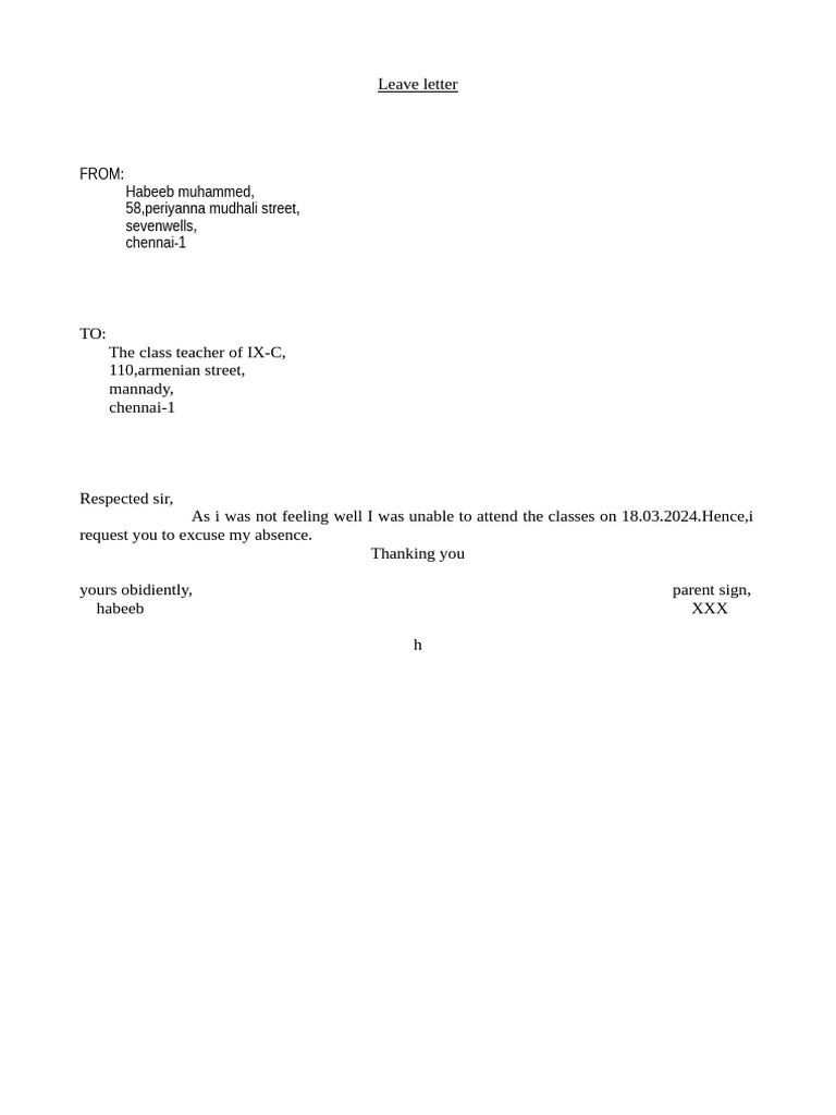 Leave Letter (Text Document) | PDF