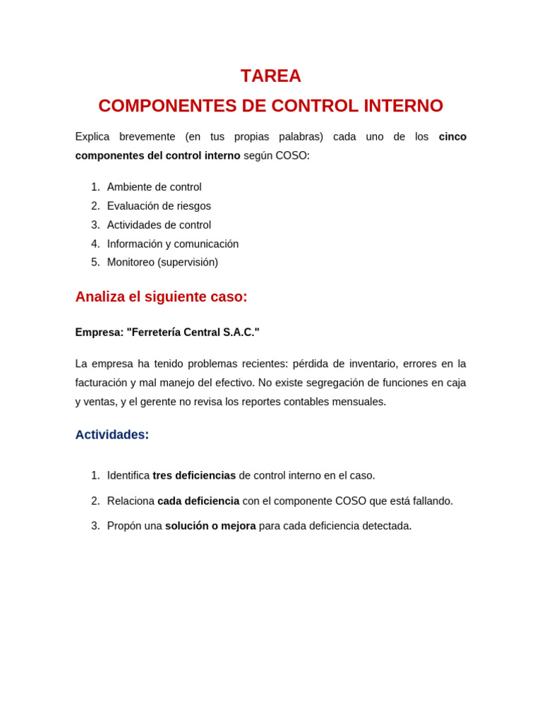Tarea 3 Componentes de Control Interno | PDF