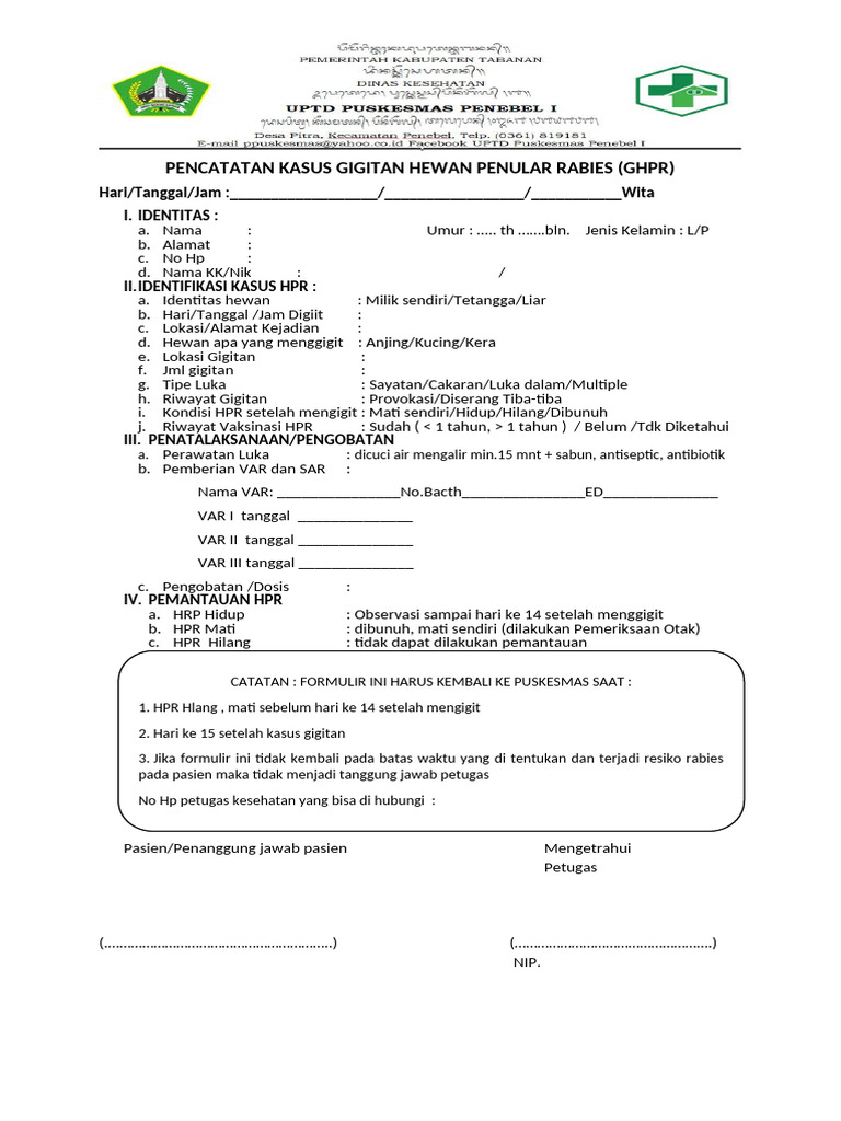 Formulir Pencatatan Kasus Gigitan HPR | PDF