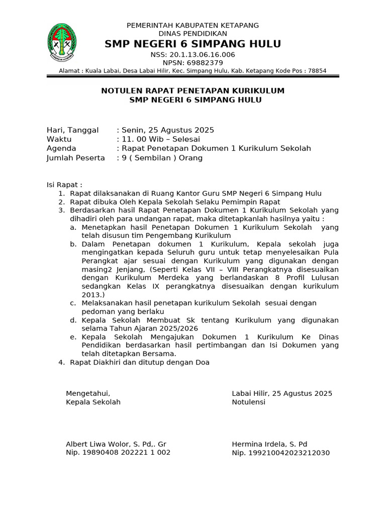 Notulen Rapat Kurikulum SMP Merdeka | PDF