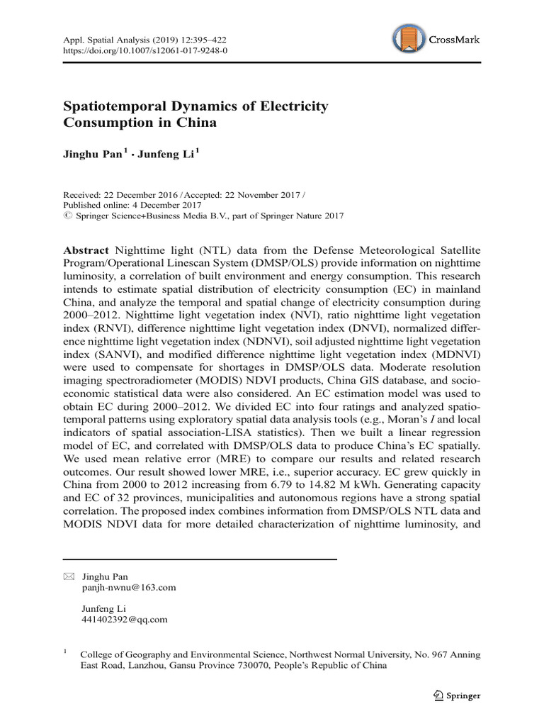 Spatiotemporal Dynamics of Electricity Consumption in China | PDF ...