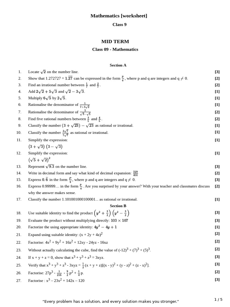 Class 9 Mathematics Midterm Worksheet | PDF | Area | Numbers