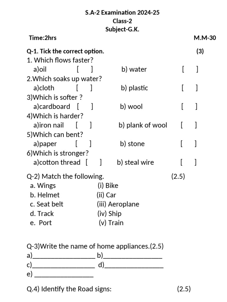 Class 2 G.K. Exam Paper 2024-25 | PDF