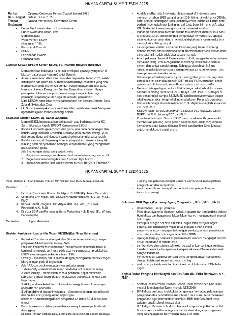 Human Capital Summit ESDM 2025: Tantangan Energi | PDF
