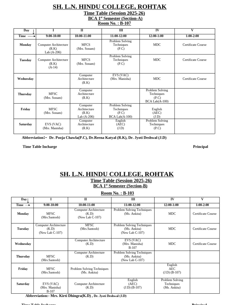 BCA Time Table 2025-26 - SH. L.N. Hindu College | PDF