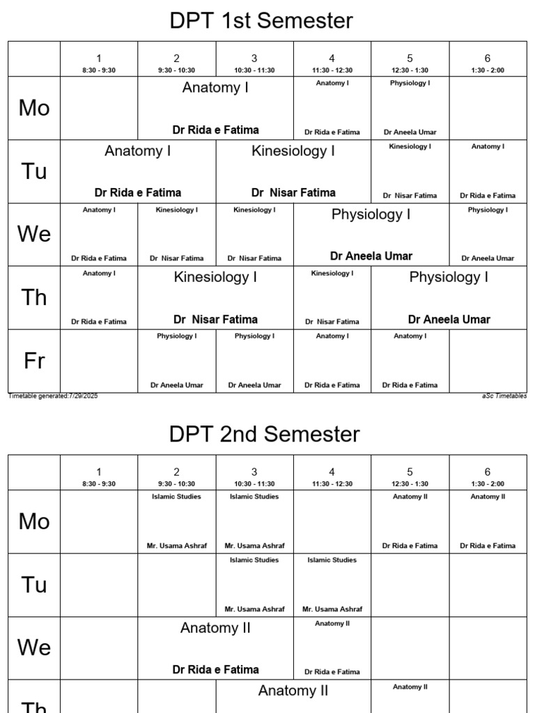 DPT Course Timetable 2025 | PDF | Medicine | Health Care