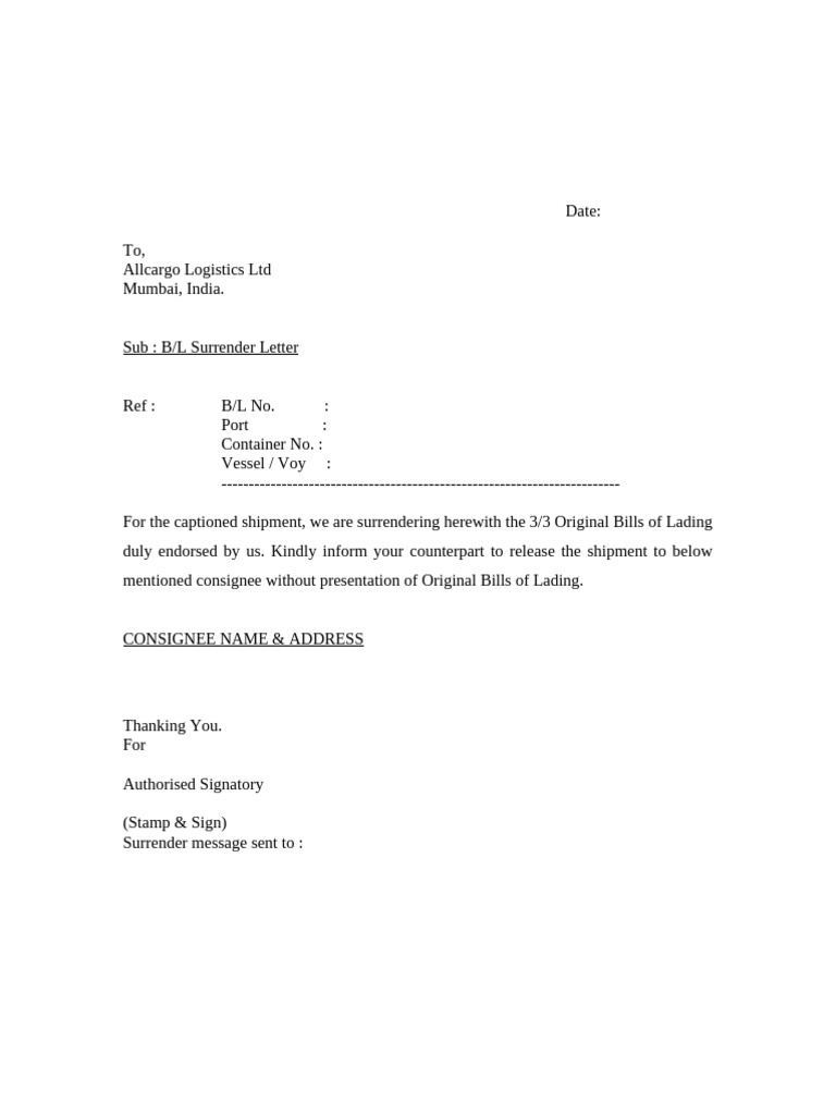 B/L Surrender Letter Format | PDF