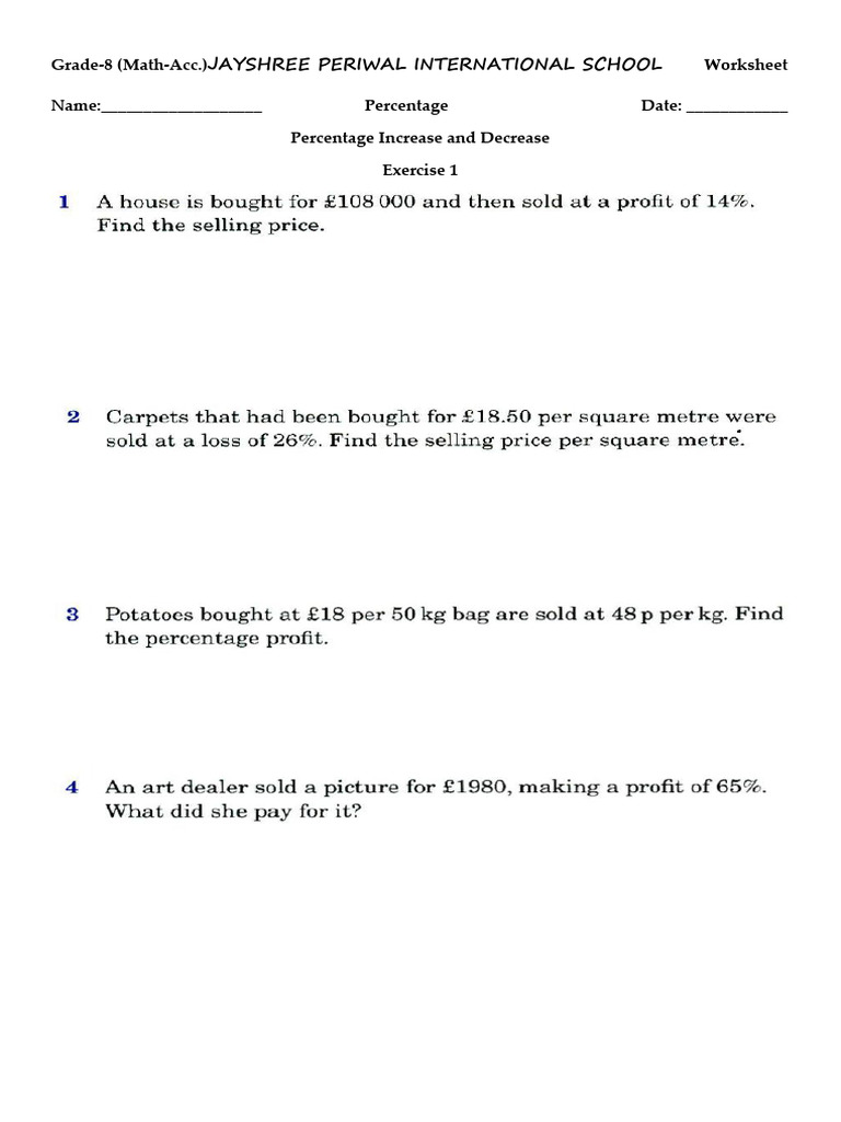 Grade 8 Percentage Increase Worksheet | PDF