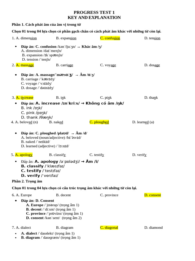 PROGRESS TEST 1 - Key and Explanation | PDF