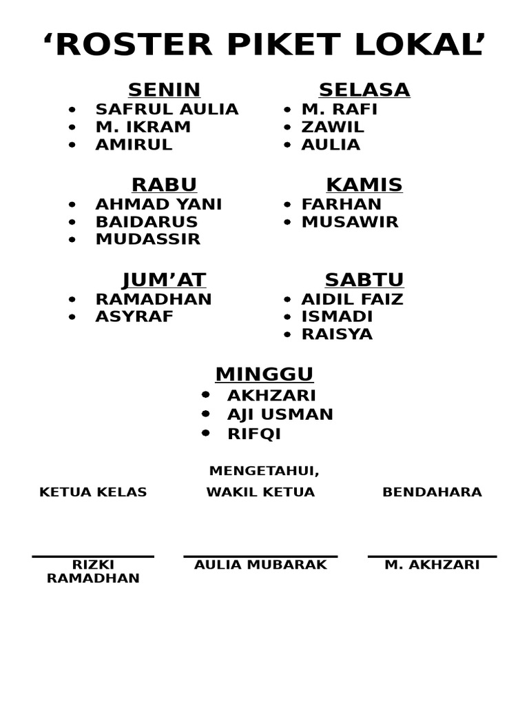 Roster Piket Kelas Mingguan | PDF