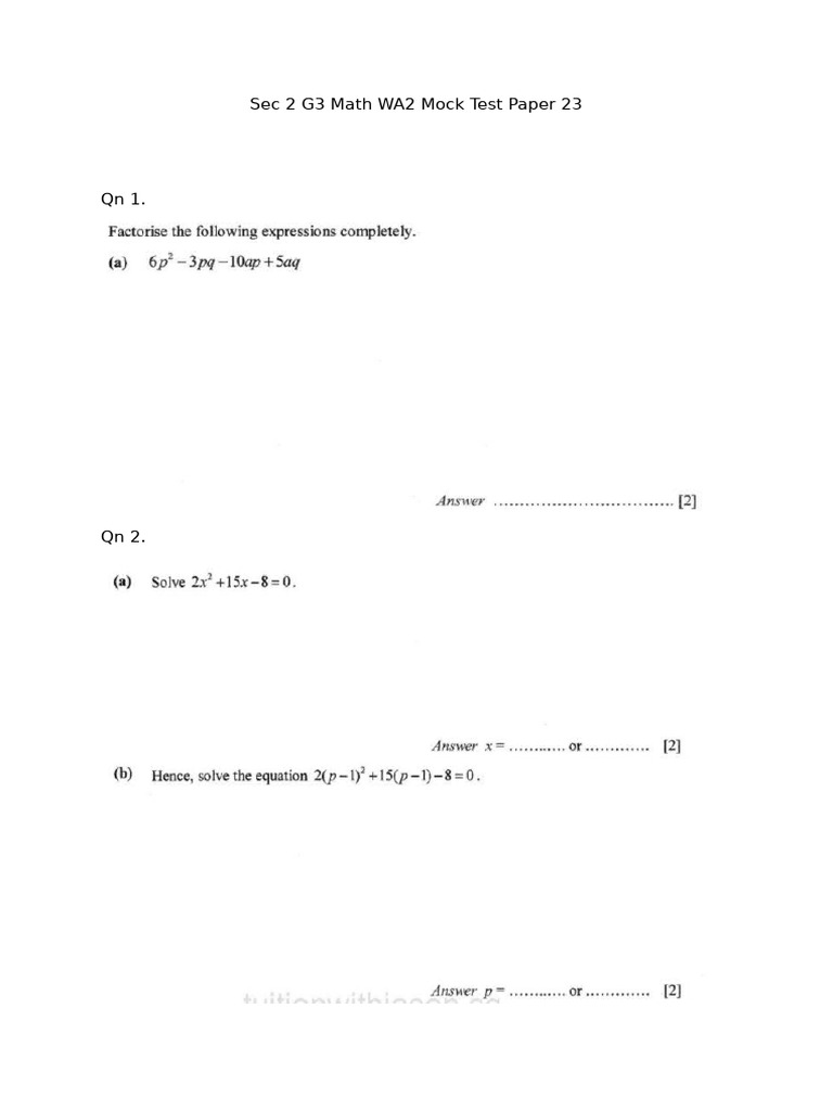 Sec 2 G3 Math WA2 Mock Test Paper 23 | PDF